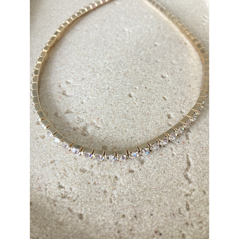 Rhinestone Tennis Choker Necklace‎ Adjustable Sparkle Bridal In Gold Tone Bling
